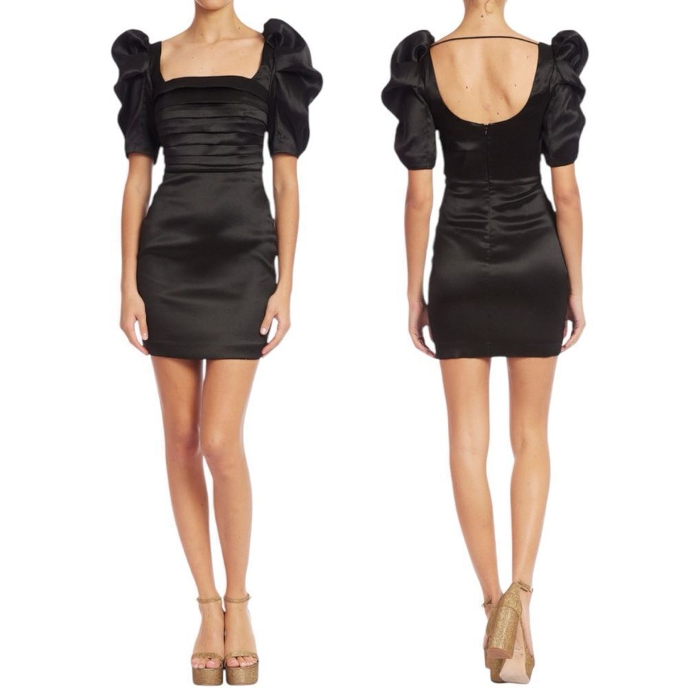 Badgley Mischka Black Pleated Mini Dress w/ Puffed Sleeves NWTs